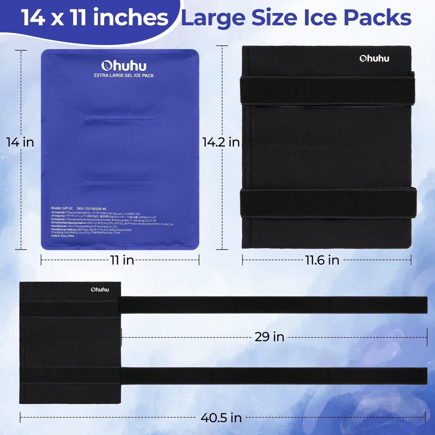 Ice Packs for Injuries 14" X 11": Ohuhu 2 Pack Hot Cold Gel Ice Pack X-Large Reusable Ice Packs with Wrap Flexible Pain Relief for Shoulder Legs Knee Back Hip Aches Injury Muscle Pain-Blue