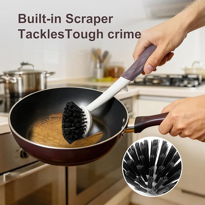 Dish Brush, 2 Pack with Comfortable Handle, with Built-in Scraper, Scrub Brush