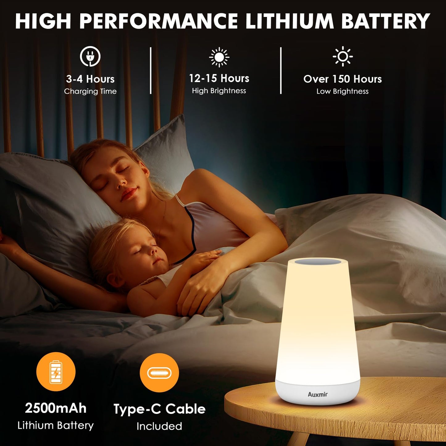 Auxmir LED Night Light Bedside Lamp Touch and Remote Control Dimmable Tabletop 13 RGB Colors Changing 5 Brightness Adjustable Rechargeable Portable Lamp for Baby Kids Nursery Bedroom Bathroom Camping