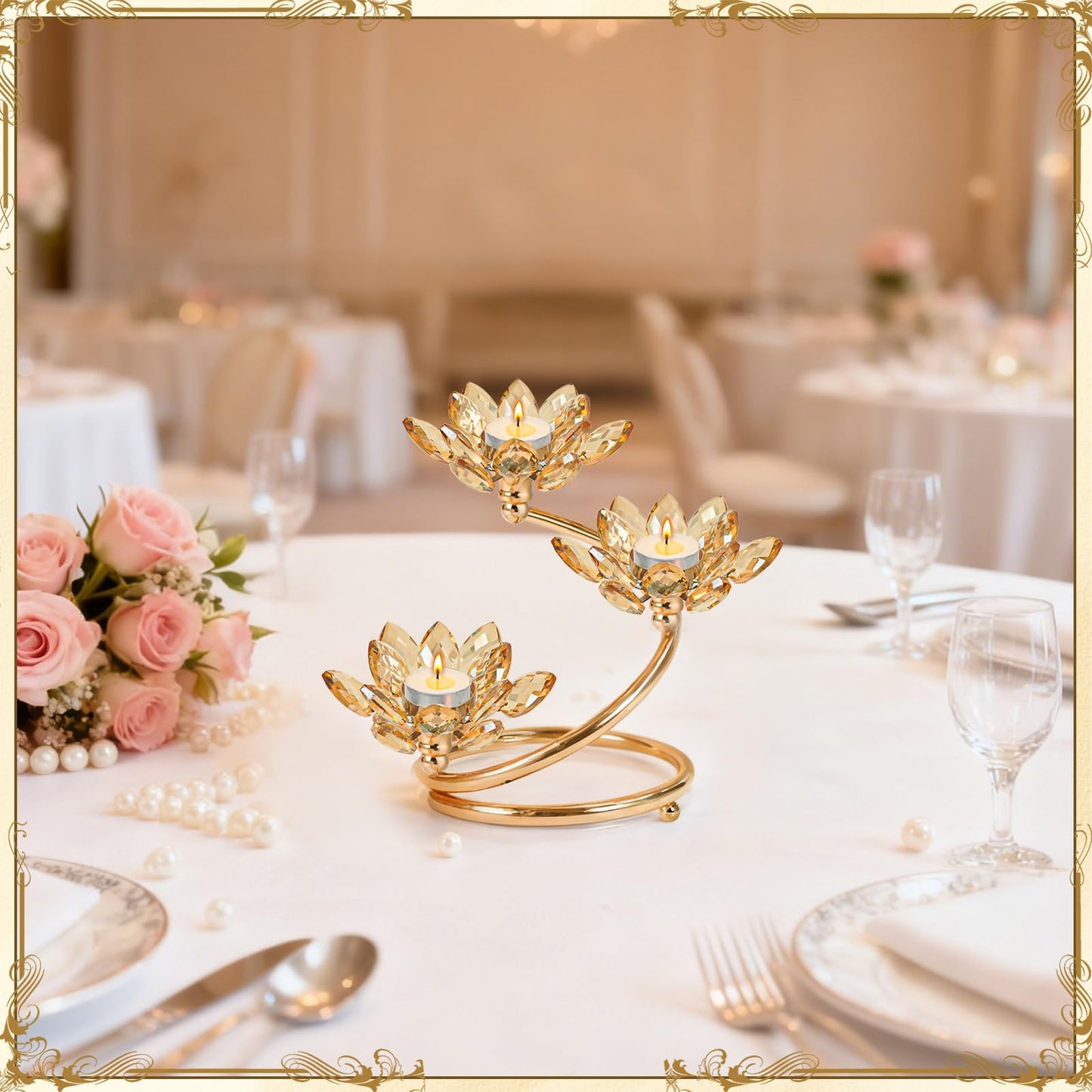 Kehail Gold 1 Pc Crystal Flower Shaped Candle Holder Set, 3-Arm Metal Votive Tea Light Candlestick for Table Centerpiece, Home Wedding Party Anniversary Decor