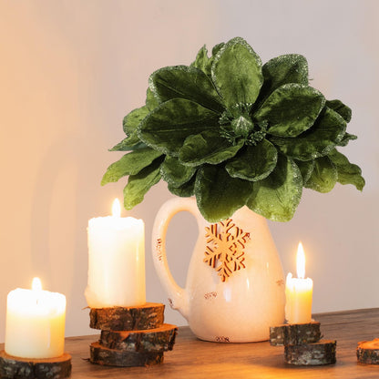 Thiccywoov 8 Pcs Large 12'' Christmas Flower Forest Green Magnolia Flowers Christmas Tree Decoration Artificial Poinsettia Stems Velvet Xmas Ornaments for Xmas Tree Table Decor