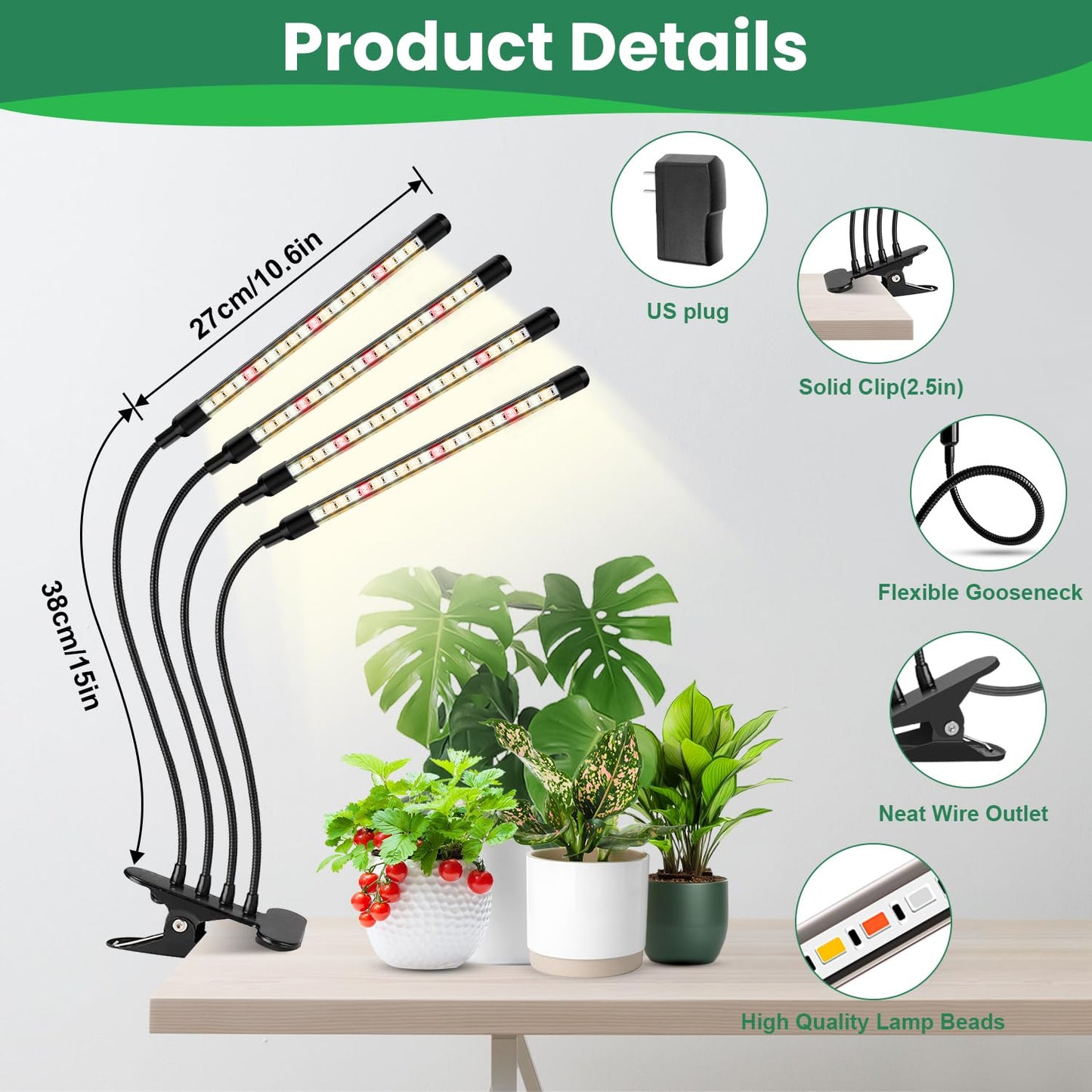 Garpsen Grow Lights for Indoor Plants, Upgraded Version 4 Head 80 LED Full Spectrum Grow Lamp with Timer, 3 Lighting Mode, 10 Dimmable Levels, Professional for Seeding Succulents Herbs