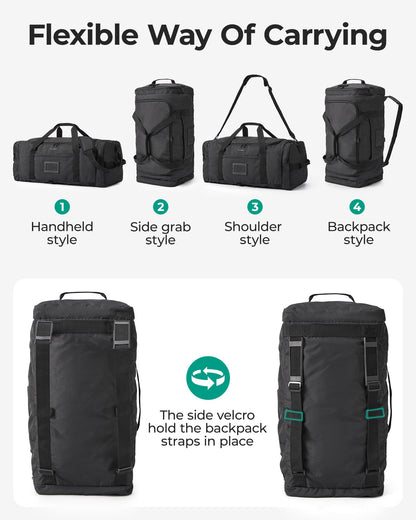 BAGSAMRT 60L Foldable Duffle Bag for Travel, Large Travel Duffel Bag for Men, 4 in 1 Travel Backpack, Carry on Weekender Bag, Black
