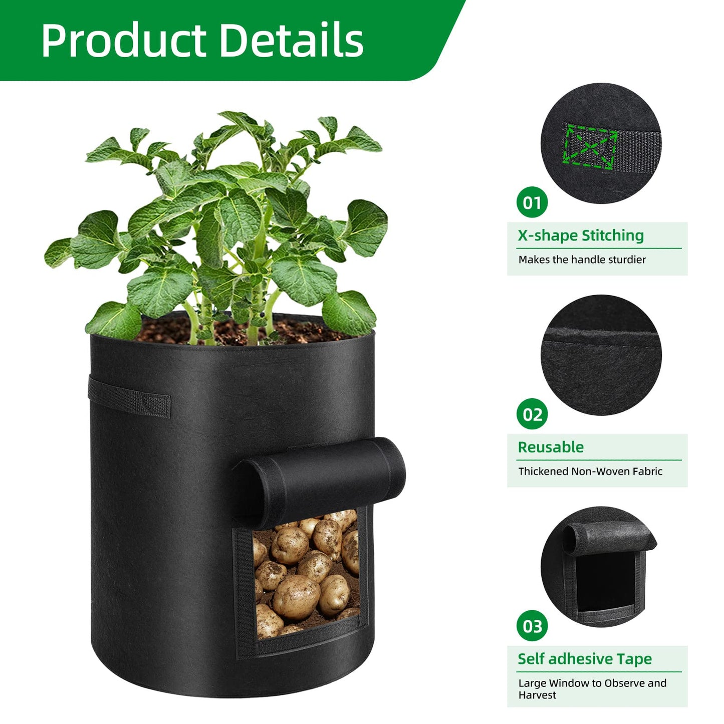 6 Pack Potato Grow Bags, 10 Gallon Planting Bags Large Fabric Pots with Flap Window Vegetable Planter Garden Pot Tall Potato Growing Containers with Handles for Vegetables, Fruits, Black + Grey