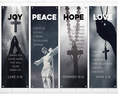 4Pcs Easter Church Banners for Sanctuary Wall Love Hope Joy Peace Religious Banners Hanging Backdrop Jesus Faith Cross Church Banner with Scripture Bible Verse Banner for Easter School Decor
