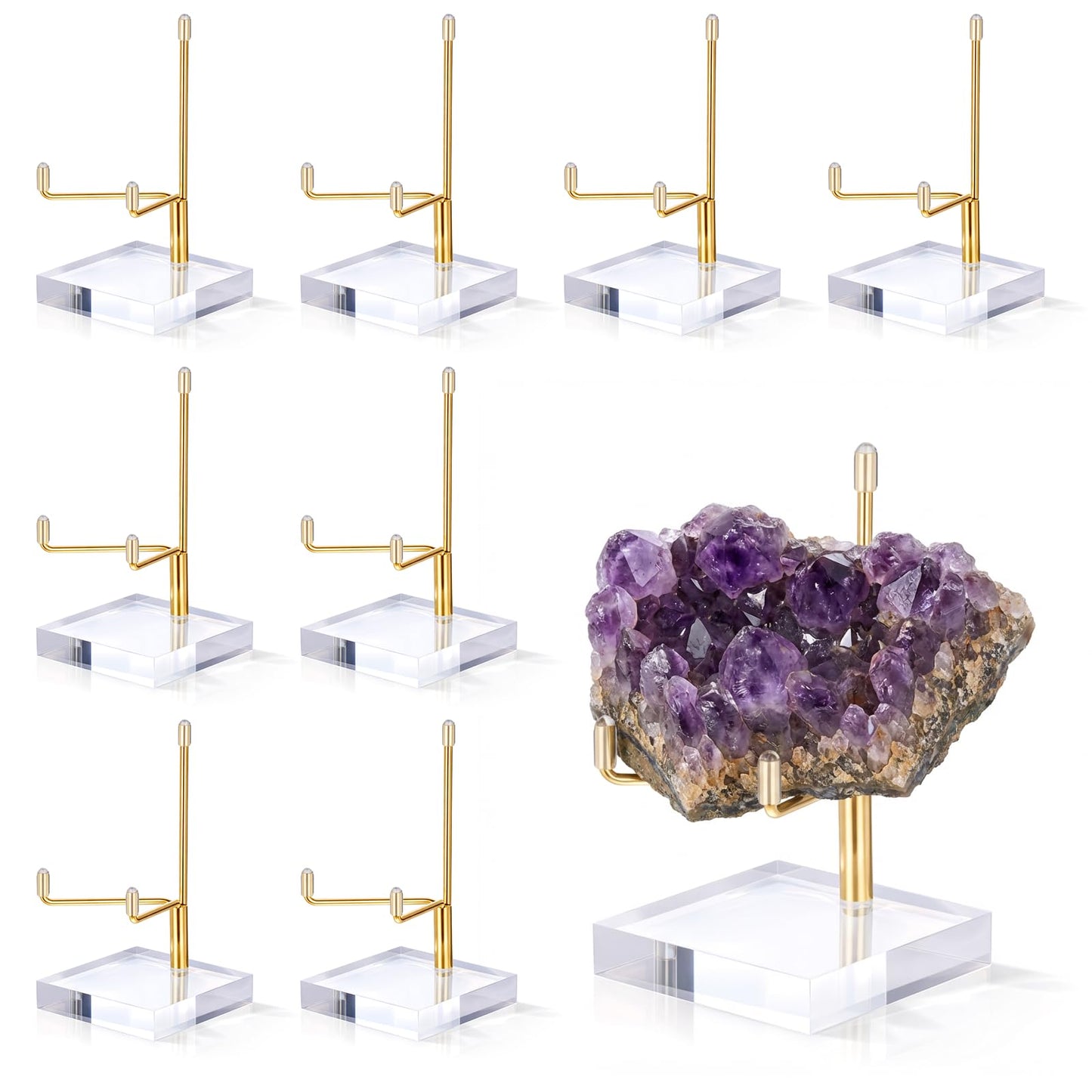 Oqqlin 12 Pcs Crystal Display Stand, 2 x 2 x 3.5 Inch Gold Rock Crystal Stand with Acrylic Base Adjustable Metal Arm Display Stands for Mineral, Agate, Geode, Picture