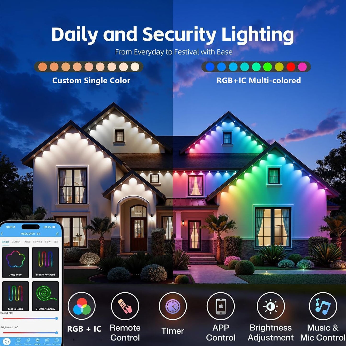 Permanent Outdoor Lights,200ft RGB + IC Smart LED Eaves Lights with App & Remote Control, IP67 Waterproof,for Christmas and All Holiday Decor,Daily and Accent Lighting,House Roof and Garden Lighting