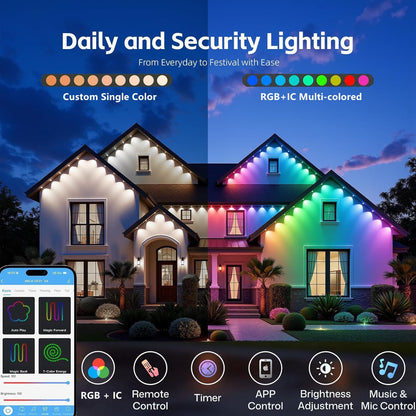 Permanent Outdoor Lights,50ft RGB + IC Smart LED Eaves Lights with App & Remote Control, IP67 Waterproof,for Christmas and All Holiday Decor,Daily and Accent Lighting,House Roof and Garden Lighting
