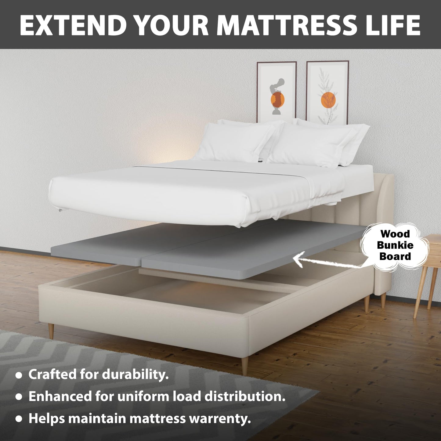 Greaton 1.5" Split Wood Bunkie Board Queen Bed - 2-Piece Under Mattress Support Board, Fully Assembled, Fabric Ventilation Cover - Replaces Wooden Slats or Box Spring for Bed Frames