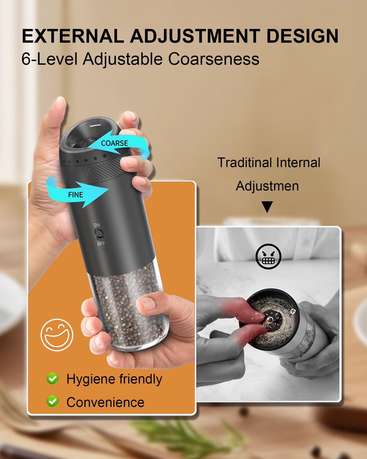 Soenglyun Gravity Salt and Pepper Grinder Set with Charging Base, Automatic Salt Grinder Electric with LED Light & 6 Adjustable Coarseness, One-Handed Operation and 176ml Capacity, Black