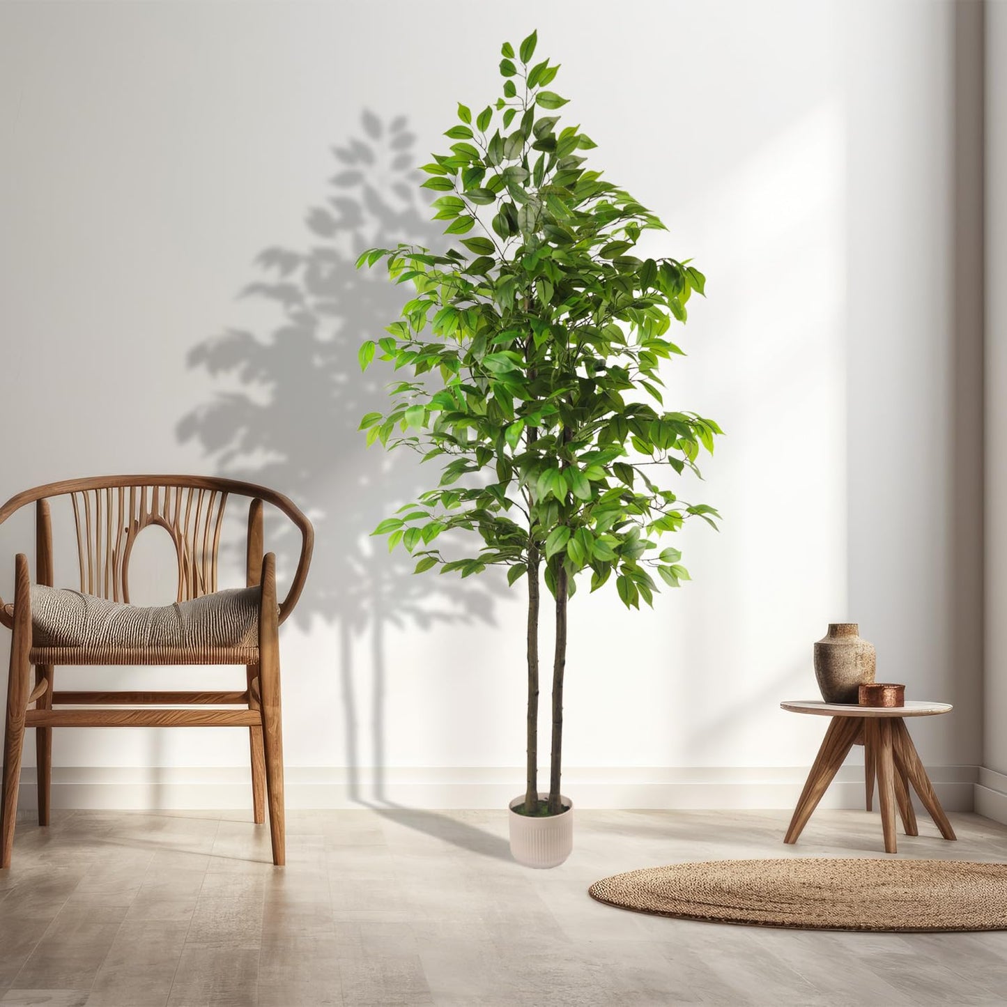 Artificial Ficus Tree 6FT Tall, Artificial Plants Indoor with White Planter Faux Ficus Tree Realistic Faux Silk Plant for Home Office Living Room, Porch, Garden Decor