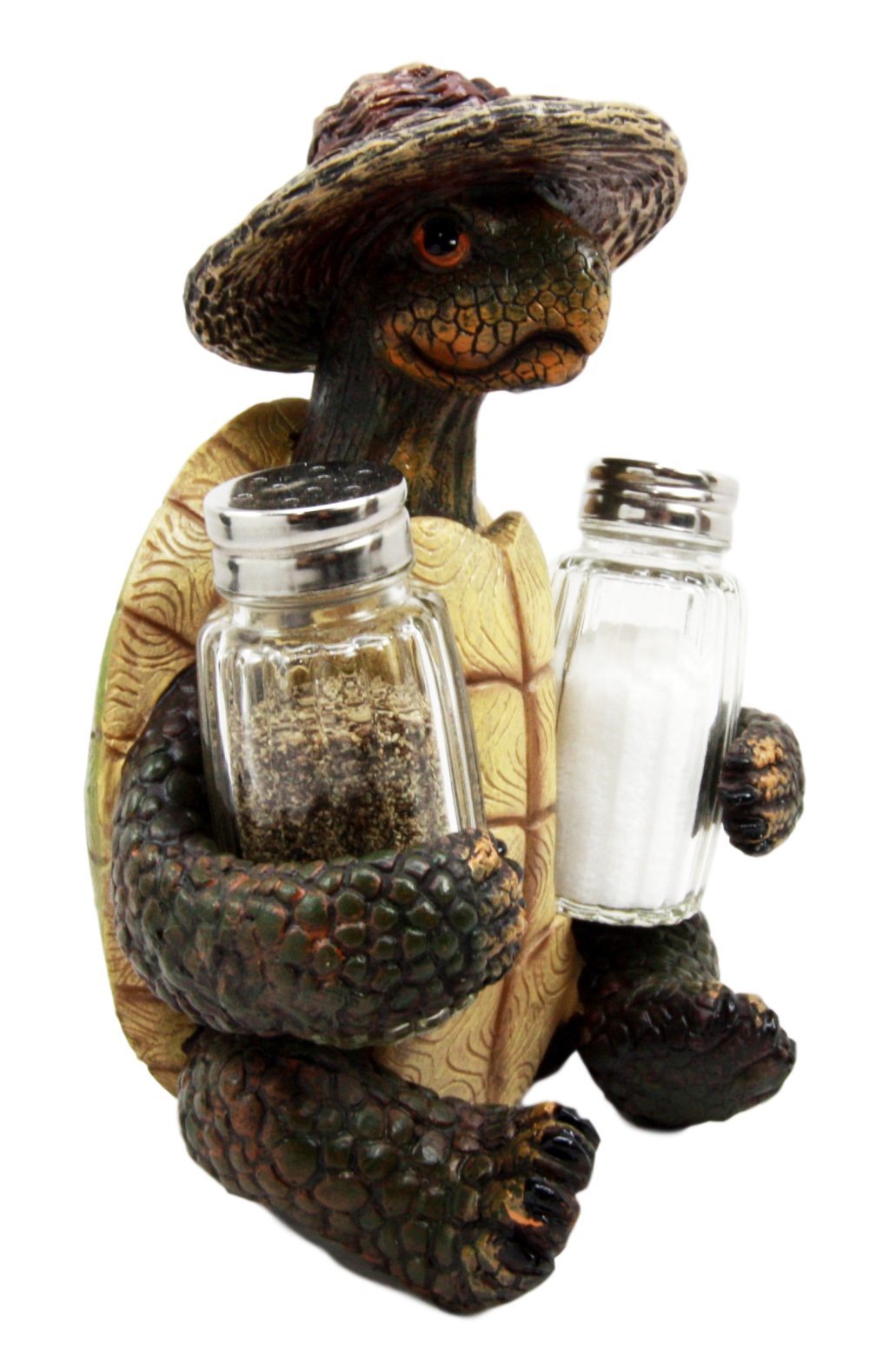 Ebros Slow Seasons Outdoors Camping Turtle With Wicker Hat Salt And Pepper Shakers Holder Figurine 7"H Turtles Tortoise Tortoises Themed Decor Animal Reptile Ocean Nautical Sea River Animal Sculpture