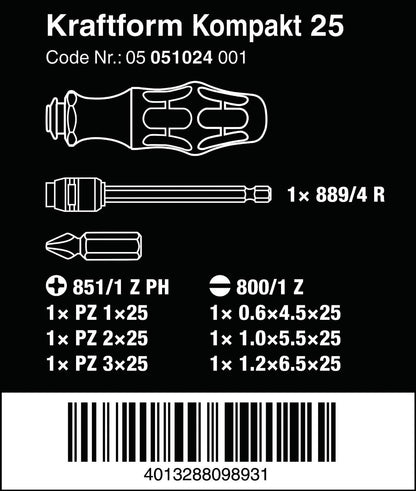 Wera 05051024001 Kraftform Compact Imperial Screwdriver Bit Set KK 25, Silver