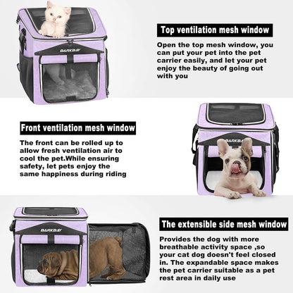 BARKBAY Dog Bike Basket Carrier, Expandable Foldable Soft-Sided Dog Carrier, 2 Open Doors, 5 Reflective Tapes, Pet Travel Bag, Safe and Easy for Small Medium Cats and Dogs (Purple)