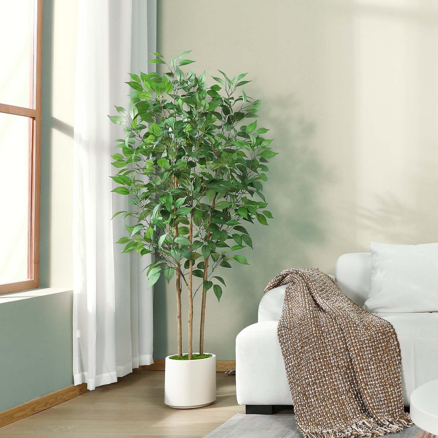 SOGUYI Ficus Artificial Tree 5ft Tall Fake Ficus Tree for Home Decor Indoor Faux Silk Ficus Plant Fake Floor Plant in White Imitation Ceramic Planter with Green Fake Moss, Set of 1