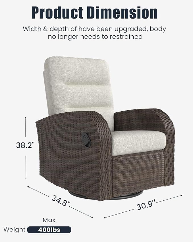 Outdoor Swivel Recliner Chair, All-Weather Wicker Reclining Patio Chair with Adjustable Backrest and Footrest