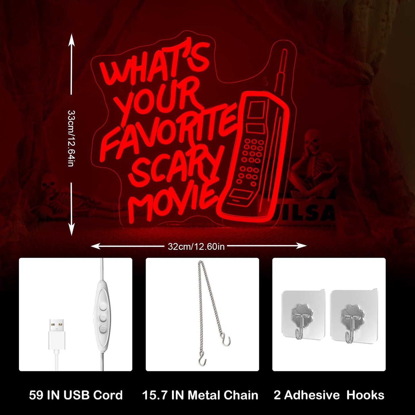 What’s Your Favorite Scary Movie Neon Sign – Red LED Wall Light with Retro Phone Design – Horror Movie Night & Halloween Party Décor