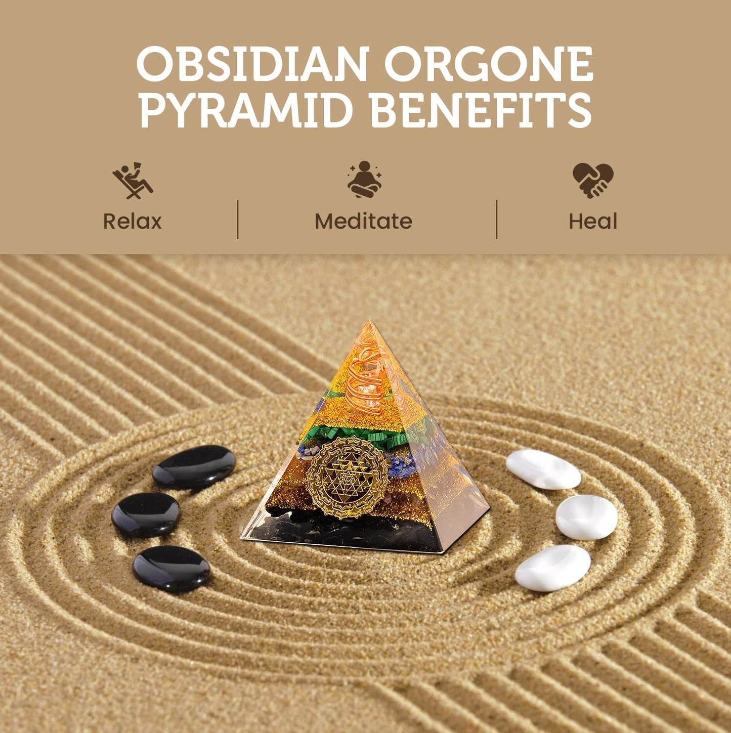 Obsidian Orgone Pyramid 2.3 in x 2.8 in | Natural Crystals for Healing, Luck & Meditation | Resin Based Orgone Generator