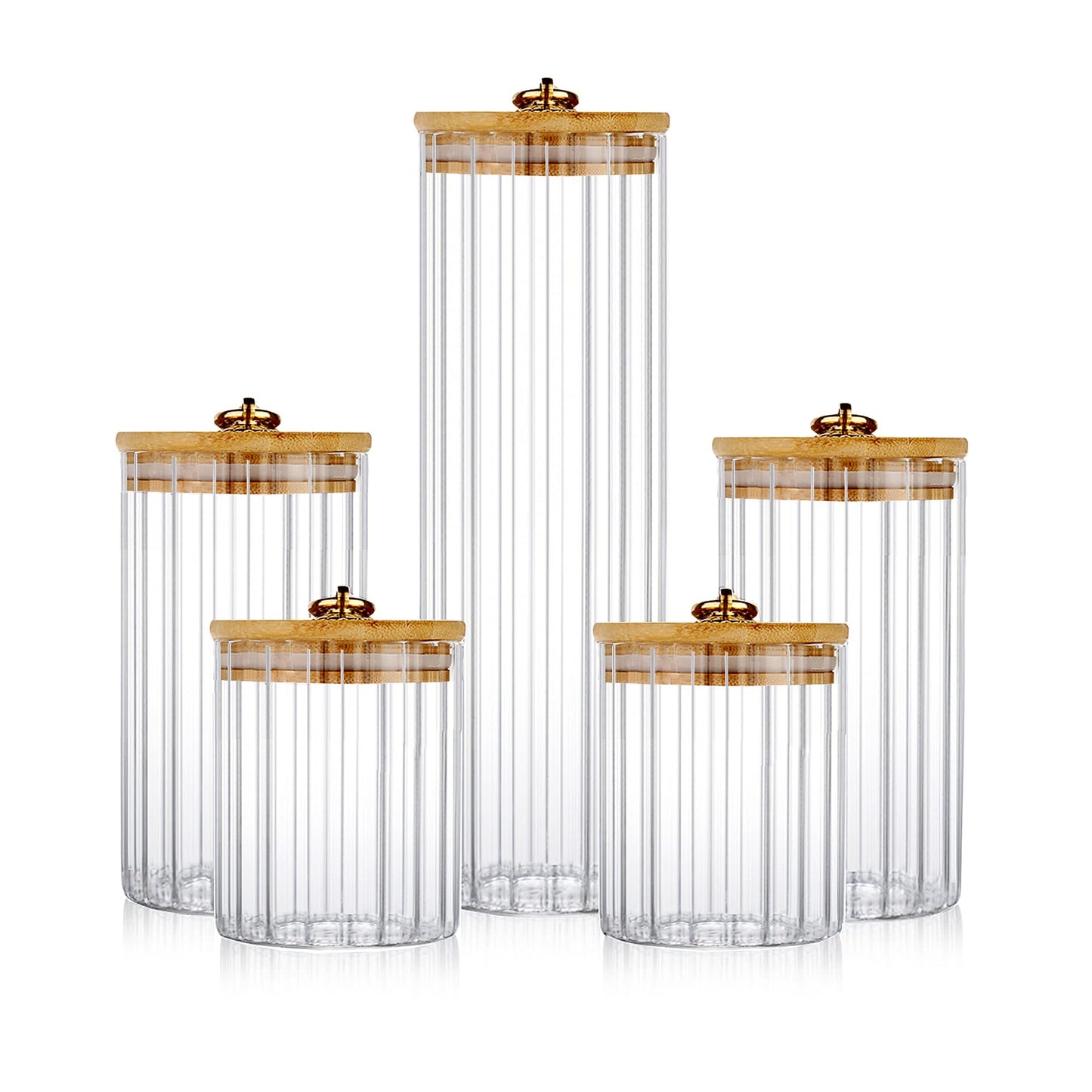 FANTESTICRYAN Glass Storage Jars Set of 5, Decorative Coffee Bar Container with Airtight Bamboo Lid Metal Ring for Home Kitchen Storing Candy, Cookie, Pasta, Nuts, Oatmeal and Bathroom Salt