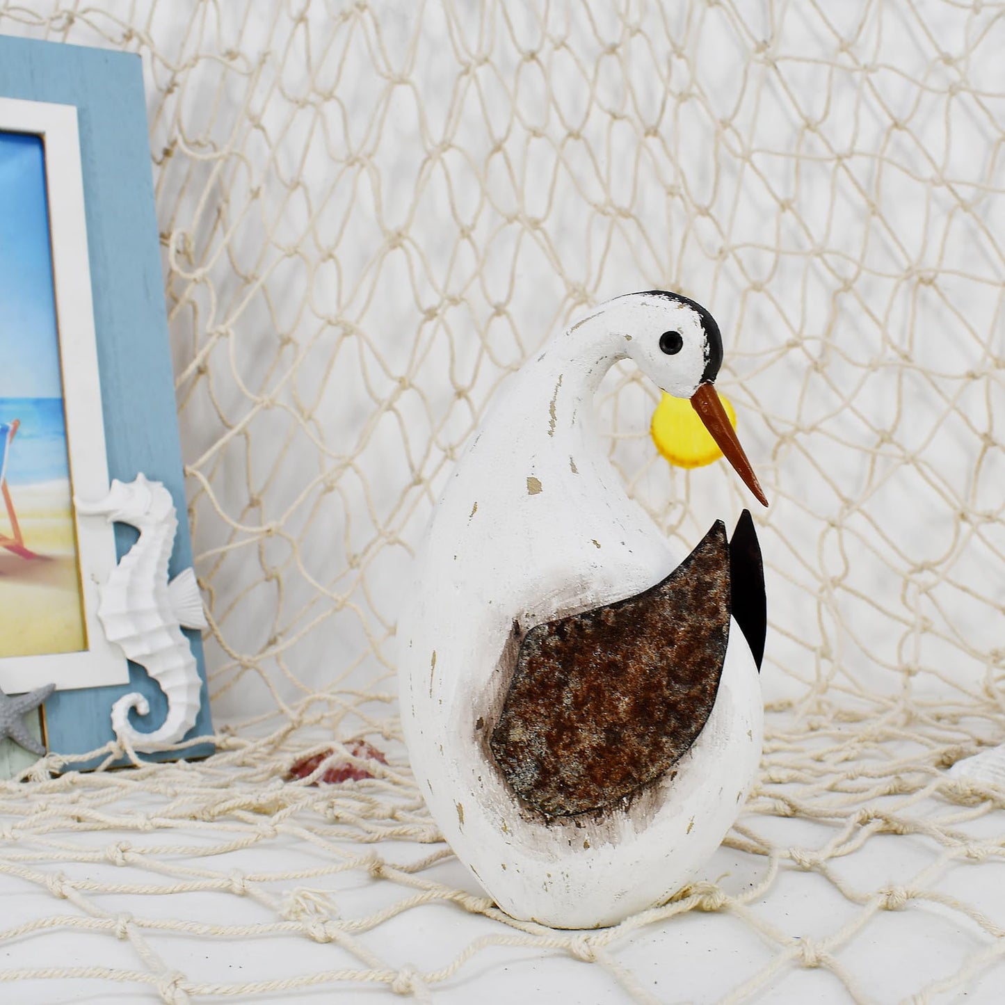 wovorins Wood Bird Statue Nautical Decor Decorative Rustic Seabird Sculpture Wooden Beach Themed Coastal Mediterranean Tabletop Decoration for Home Bathroom Living Room (M)