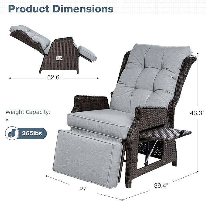 Outdoor Indoor Wicker Recliner with Adjustable Back and Footrest, Patio Reclining Chair with Flip-up Table, Outdoor Rattan Lounge Chair, Light Grey