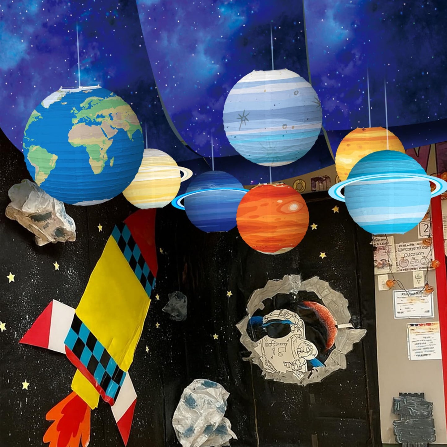 11 Pcs Galaxy Space Ceiling Decoration for Vbs 12 x 2 ft Fluorescent Light Covers 8 Solar System Paper Paper Lanterns Props Classroom Hanging Backdrop Galaxy Outer Space Birthday Party Decorations