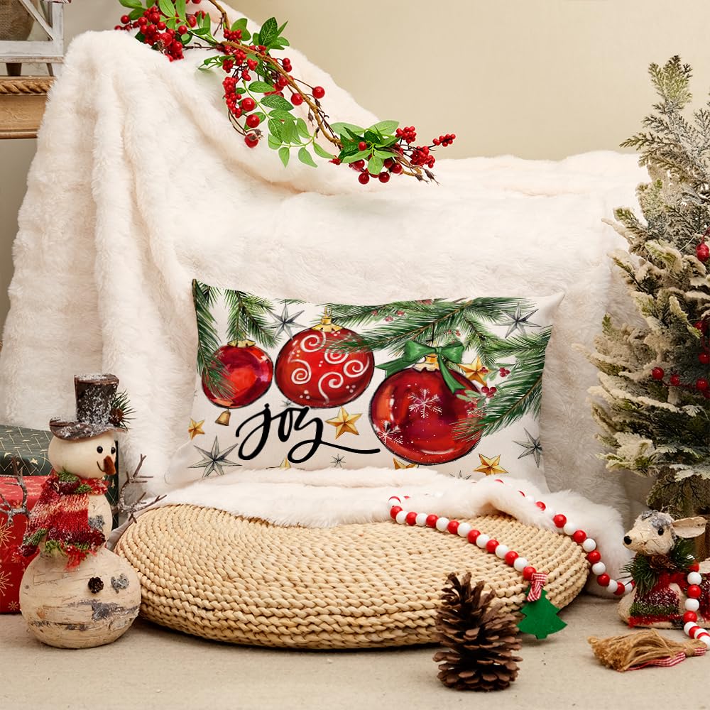AACORS Christmas Pillow Cover 12X20 Set of 2, Baubles Christmas Tree Stars Joy Decoration Holiday Farmhouse Winter Pillow Case for Sofa Couch Decor（Red） AA613-12-2