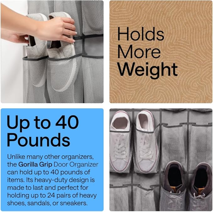 GORILLA GRIP Over the Door Shoe Organizer, 24 Extra Large Breathable Mesh