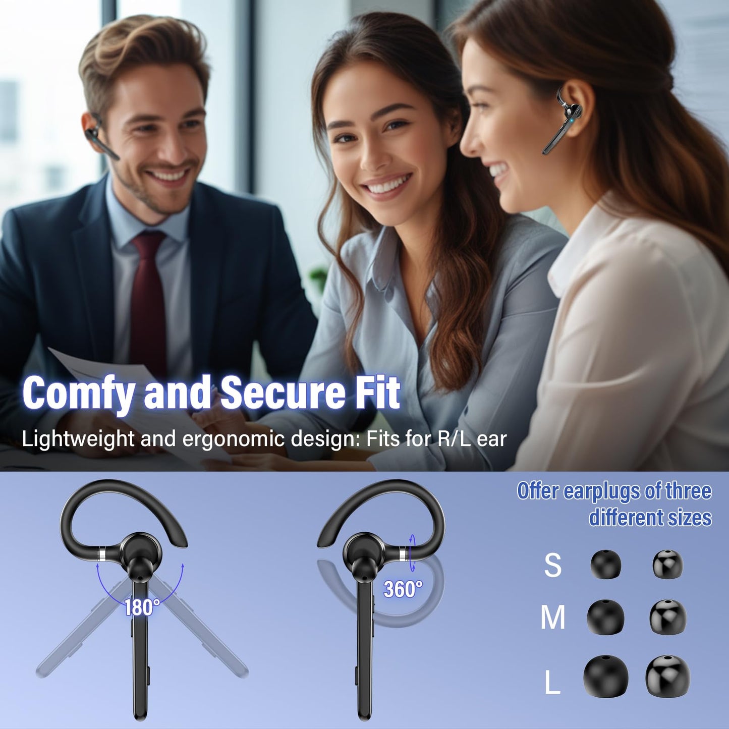 Thunelec Bluetooth Headset, Wireless Bluetooth 5.3 Earpiece, 90Hrs Hands Free Headset with APTX HD Audio & Mute Button, Dual Noise Cancelling Mics, Single-Ear Headphone for Trucker/Business/Office/Gym