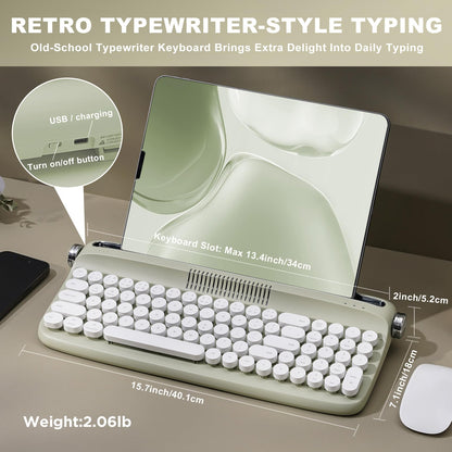 YUNZII Upgraded Wireless Typewriter Keyboard,with Retro Integrated Stand,USB-C/Bluetooth,Cute Round Keycaps, USB-C/Bluetooth Connection for Table, Phone, PC and Win/Mac/Android (B309, Baby Pink)