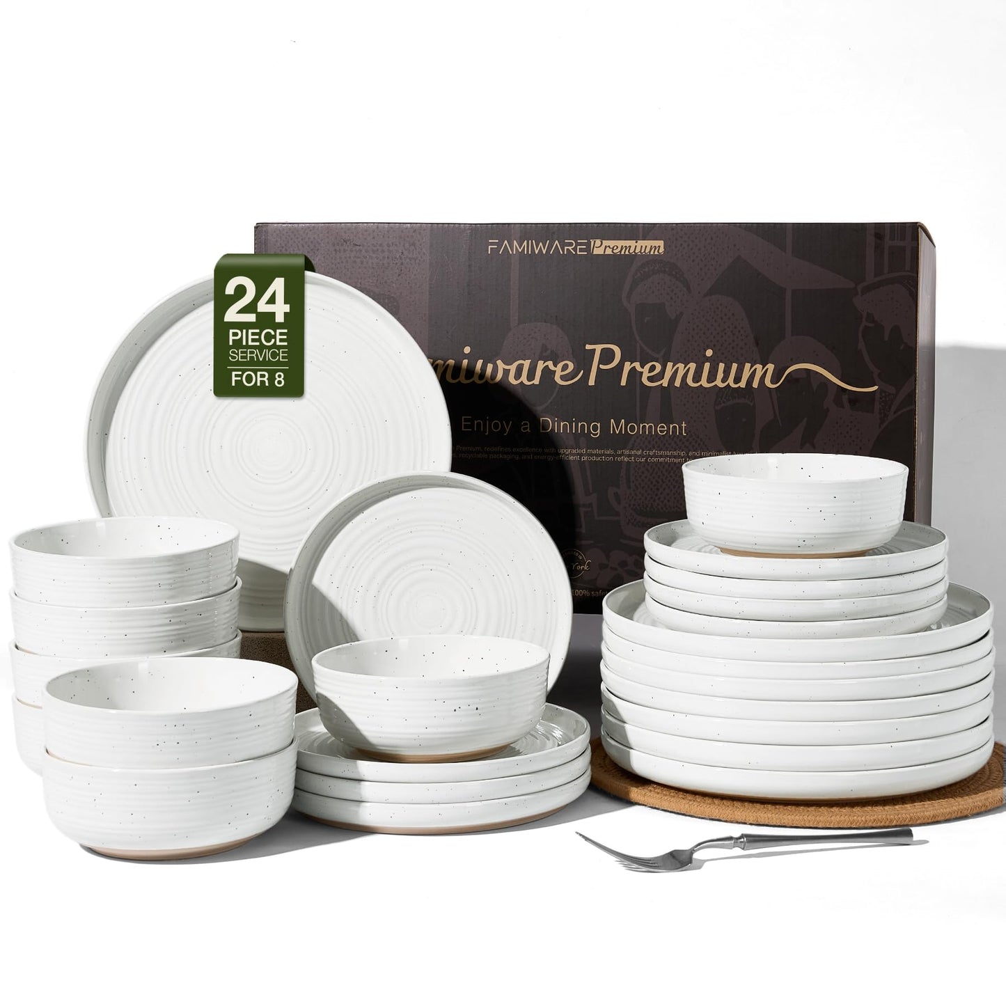 Famiware Premium 24-Piece Stoneware Dinnerware Sets for 8 - Coupe Plates and Bowls with Speckles & Spirals - Chip & Scratch Resistant, Microwave & Dishwasher Safe - Farmhouse Dishes - Gift Box, White
