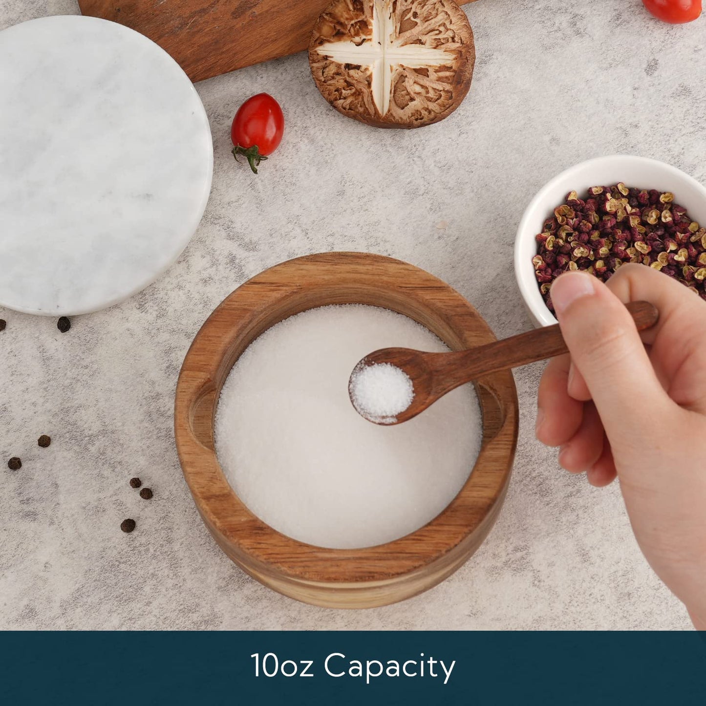 KITCHENDAO Large Acacia Salt Cellar Box Bowl with Built-in Spoon and Marble Lid, Natural Acacia Wood Bath Sea Salt Container, Pepper Sealer Pinch Bowl, 10oz Capacity
