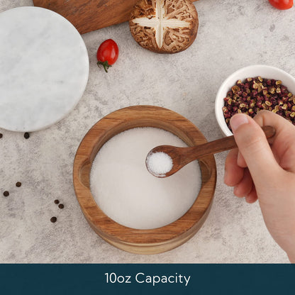 KITCHENDAO Large Acacia Salt Cellar Box Bowl with Built-in Spoon and Marble Lid, Natural Acacia Wood Bath Sea Salt Container, Pepper Sealer Pinch Bowl, 10oz Capacity