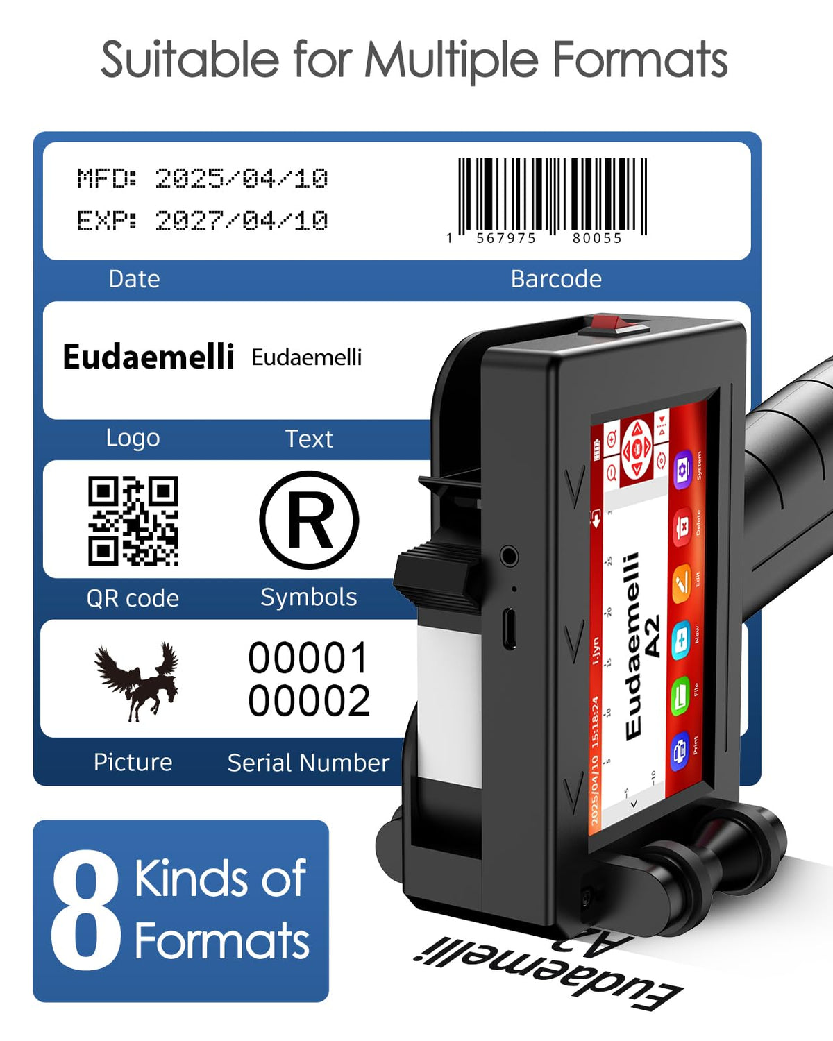 1" Handheld Inkjet Printer Gun,A2 Portable Ink Batch Coder with 42ml Fast-Drying Ink,4.3" Touch Screen Hand Held Printers for QR Code,Barcode,Batch Number,Text,Date Printer (Printing Height: 2-25.4mm)