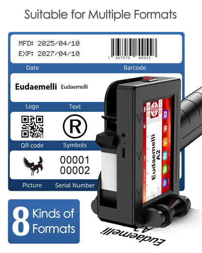 1" Handheld Inkjet Printer Gun,A2 Portable Ink Batch Coder with 42ml Fast-Drying Ink,4.3" Touch Screen Hand Held Printers for QR Code,Barcode,Batch Number,Text,Date Printer (Printing Height: 2-25.4mm)