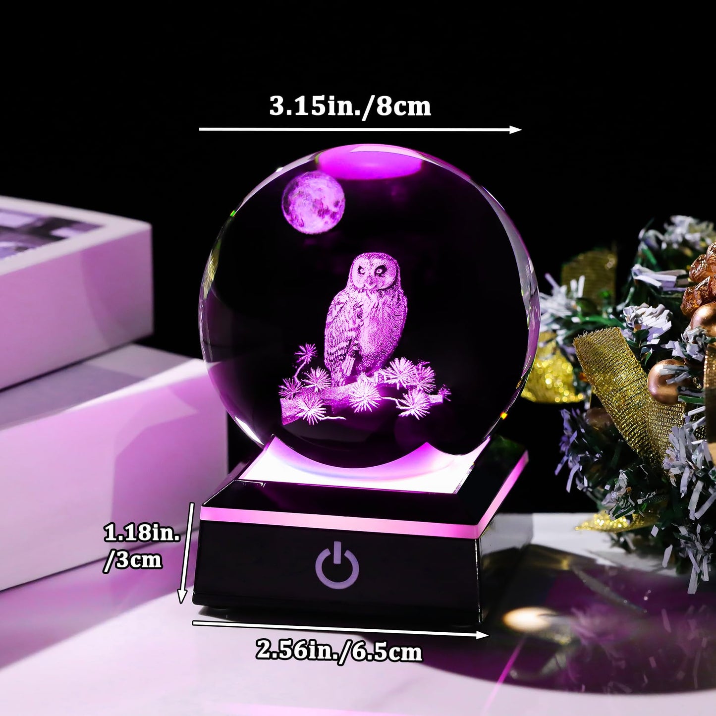 Arikyrist 3D Owl Crystal Ball Figurine with LED Base Laser Owl Gifts for Men Women Owl Lovers on Christmas Birthday Decorative Owl Statue Ball Glass Animals Globe Night Light for Home Decor (80mm)