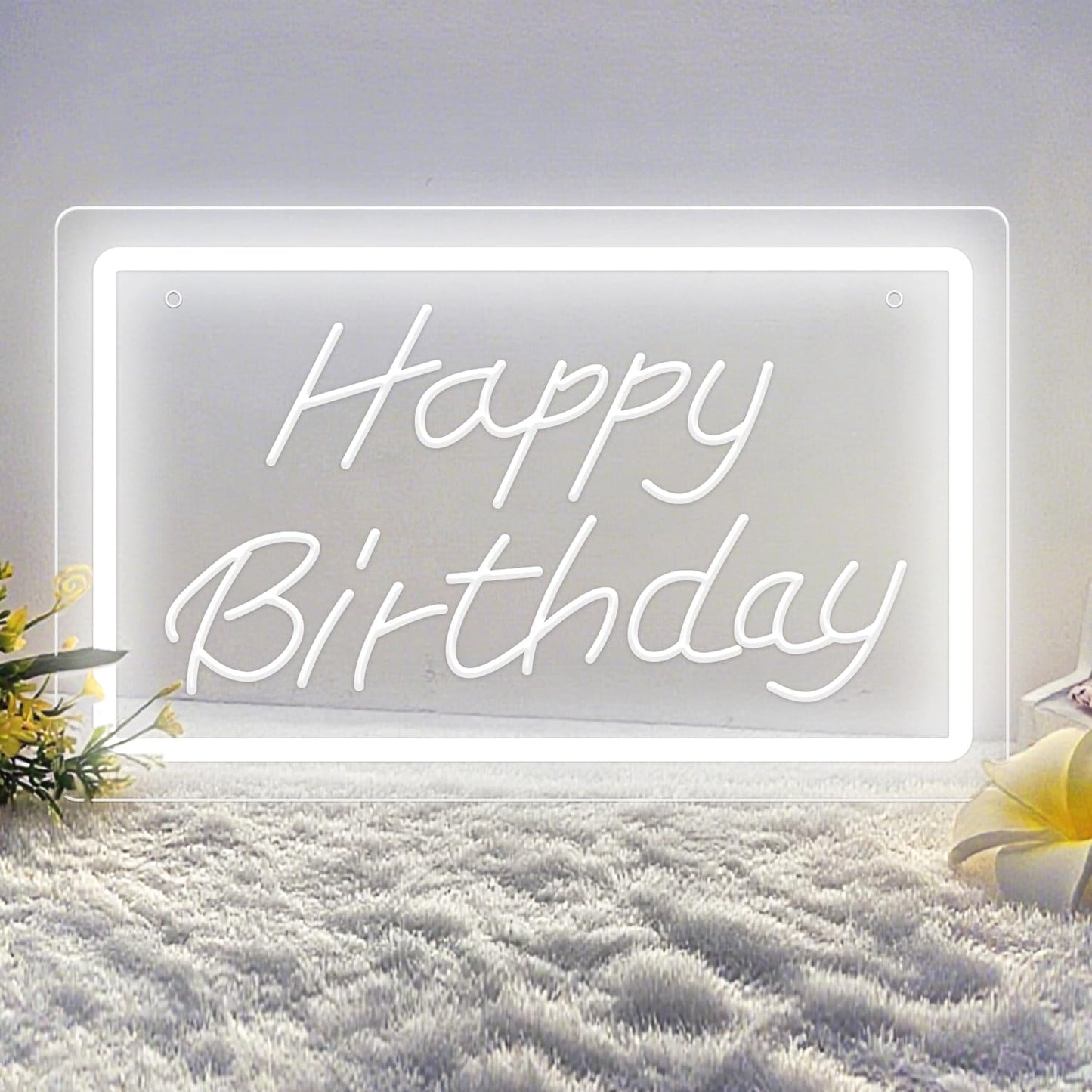KeyDoors Happy Birthday LED Neon Sign 11.8 x 8.3in– White Dimmable Neon Light, USB Powered Wall Decor for Party Backdrop, Bachelorette Party Decor, Ideal Christmas Gift & Birthday Gift