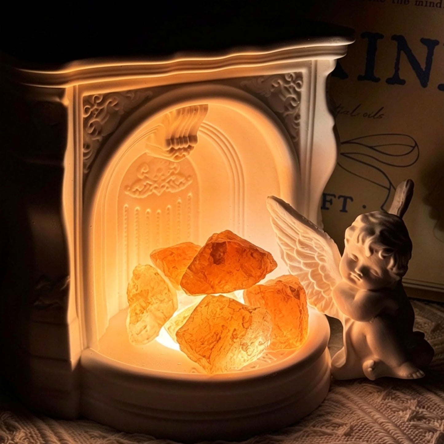 Angel Aroma Diffuser Set with Himalayan Salt & Fireplace Light, Passive Essential Oil Diffuser with White Tea Oil, Home Fragrance Decor for Bedroom, Bathroom, Office, Gift for Women