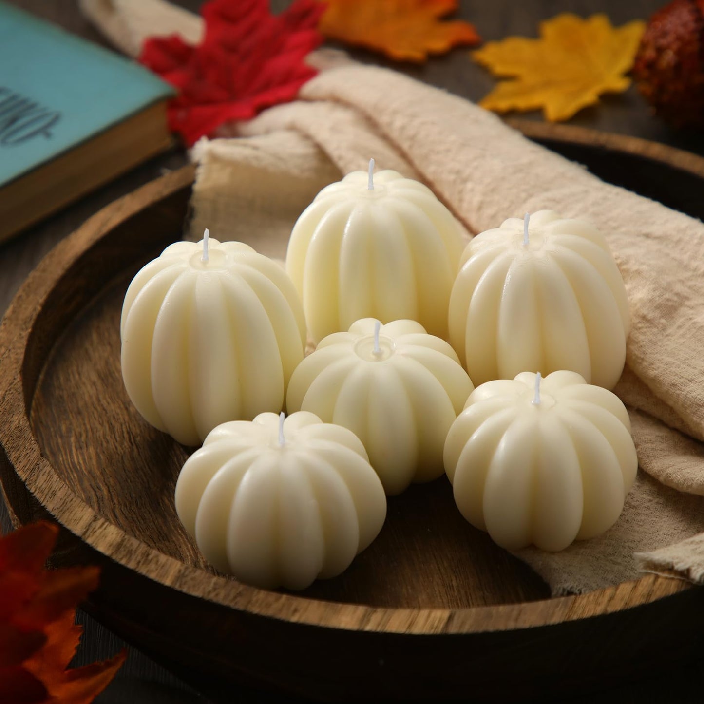 MTLEE 6 Pieces Thanksgiving Pumpkin Shaped Candle Fall White Scented Tealight Candles Home Decor Handmade Thanksgiving Gifts for Bedroom Bathroom Party