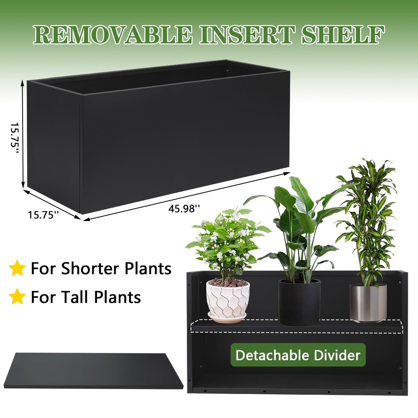 FORJAMINT Metal Planter Boxes 46" L×16" W×16" H Outdoor Rectangular Planter with Removable Insert Shelf，Black Planter Boxes Outdoor, Tall Planter Heavy Duty