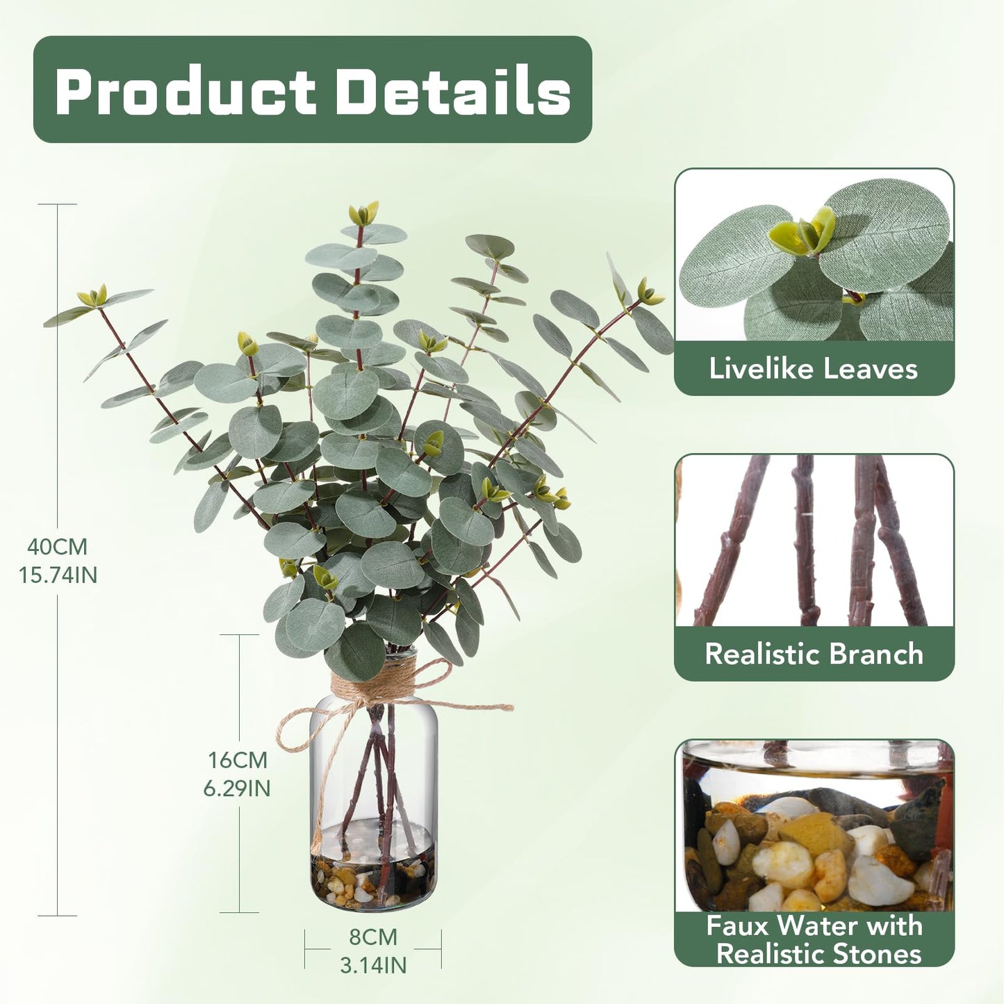 LILUYTO 15.74” Artificial Eucalyptus Stems in Glass Vase with Faux Water & Natural Stones, Lifelike Fake Greenery for Modern Farmhouse Home Decor, Bathroom Decor, Office Desk Centerpiece