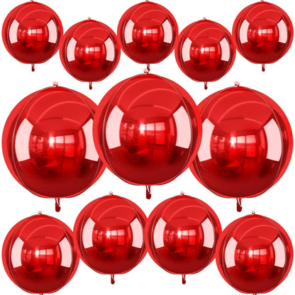 12Pcs Red Round Foil Balloons, 22" 15" 10" 4D Ball Balloons, Metallic Red Foil Balloon for Wedding Birthday Graduation Christmas New Year Party Decoration Supplies Backdrops