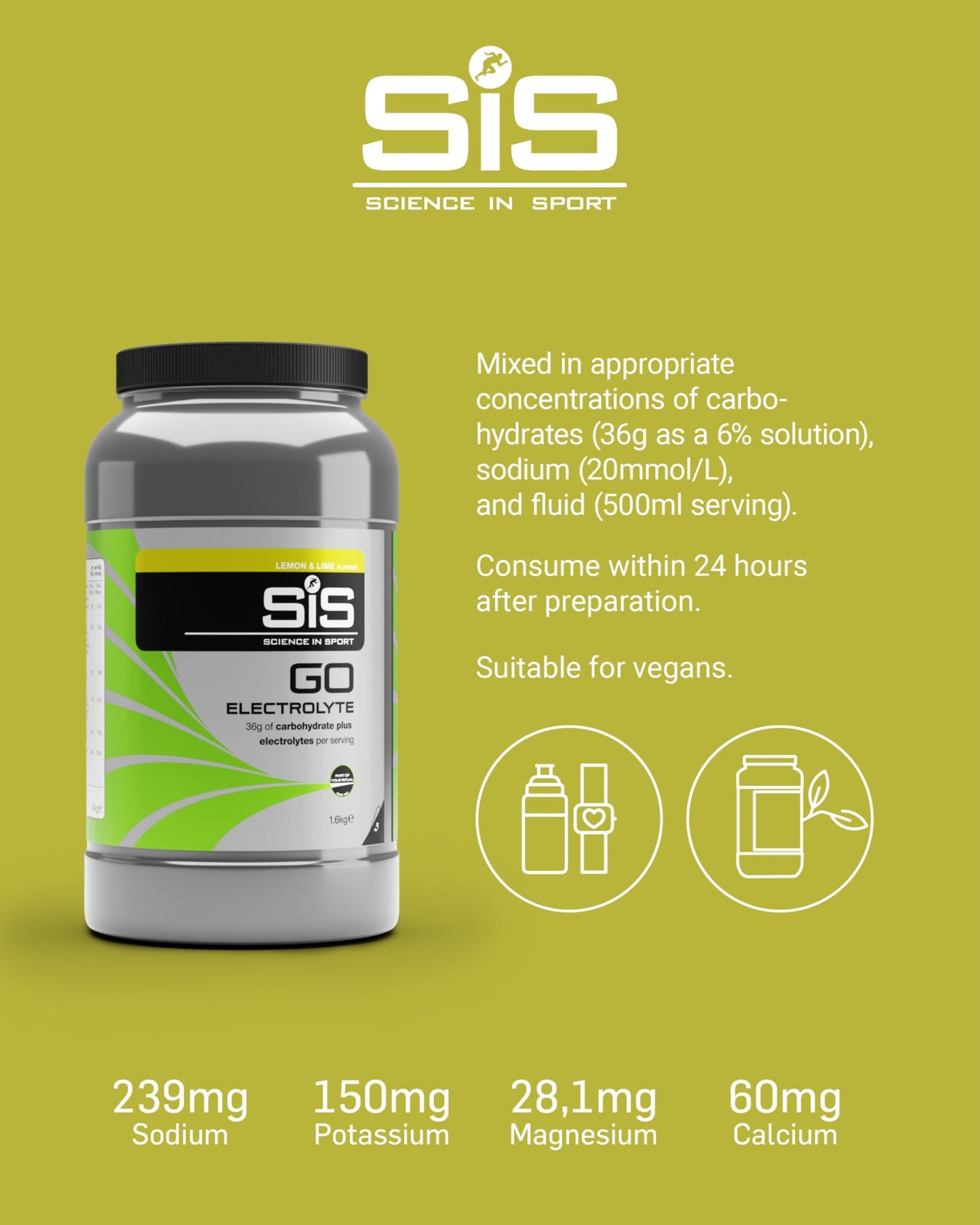 Science In Sport GO Electrolyte Powder Energy Drinks, High Carbohydrates and Sodium, Lemon and Lime Flavour, 40 Servings Per 1.6kg