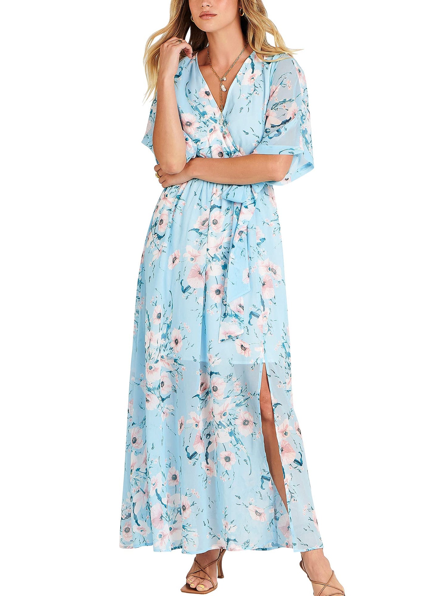 ANRABESS Womens 1/2 Sleeve Beach Wedding Guest Maxi Dresses 2025 Fall Wrap V Neck Boho Floral Flowy Slit Long Summer Dresses