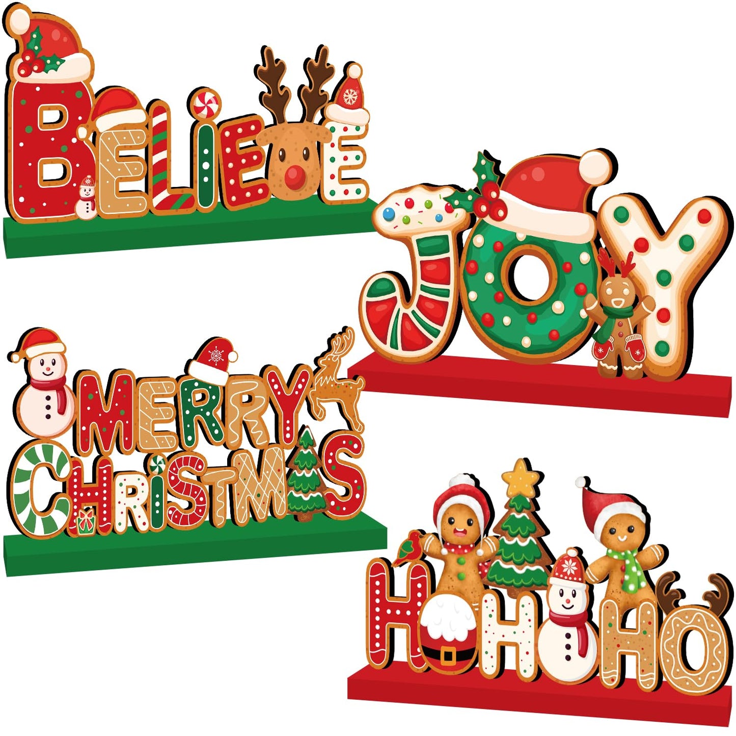 4pcs Gingerbread Christmas Decorations Wooden Table Centerpieces Gingerbread Merry Christmas Table Decorations for Winter Holiday Xmas Home Tabletop Decor