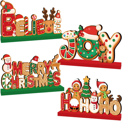 4pcs Gingerbread Christmas Decorations Wooden Table Centerpieces Gingerbread Merry Christmas Table Decorations for Winter Holiday Xmas Home Tabletop Decor