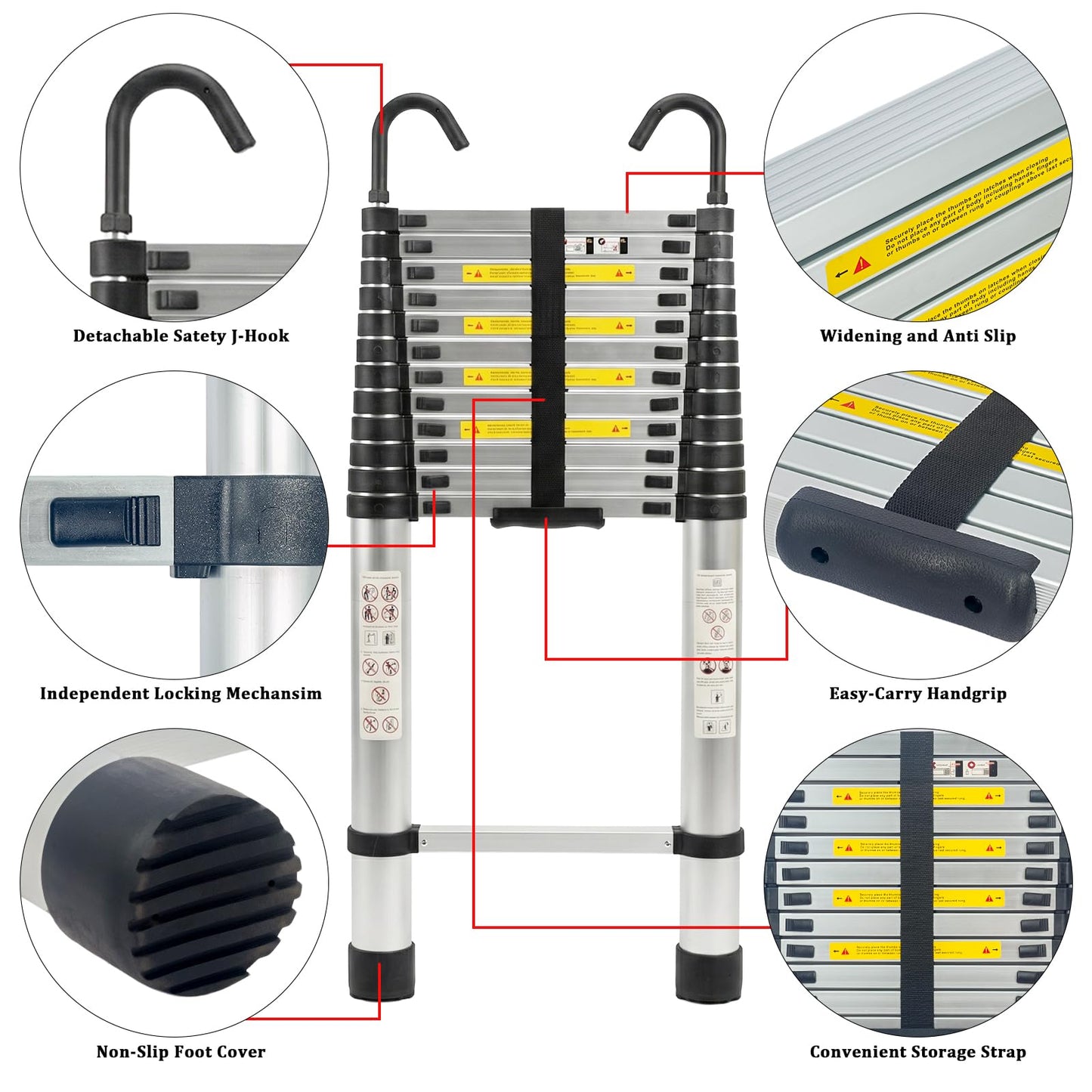 IKAYVOTO Telescoping Ladder 16.5 FT | Aluminum Lightweight Extension Ladder with Stable Hooks | Heavy Duty 330lbs Max Capacity Multi-Purpose Telescopic Collapsible Ladder for Home, RV or Outdoor Work