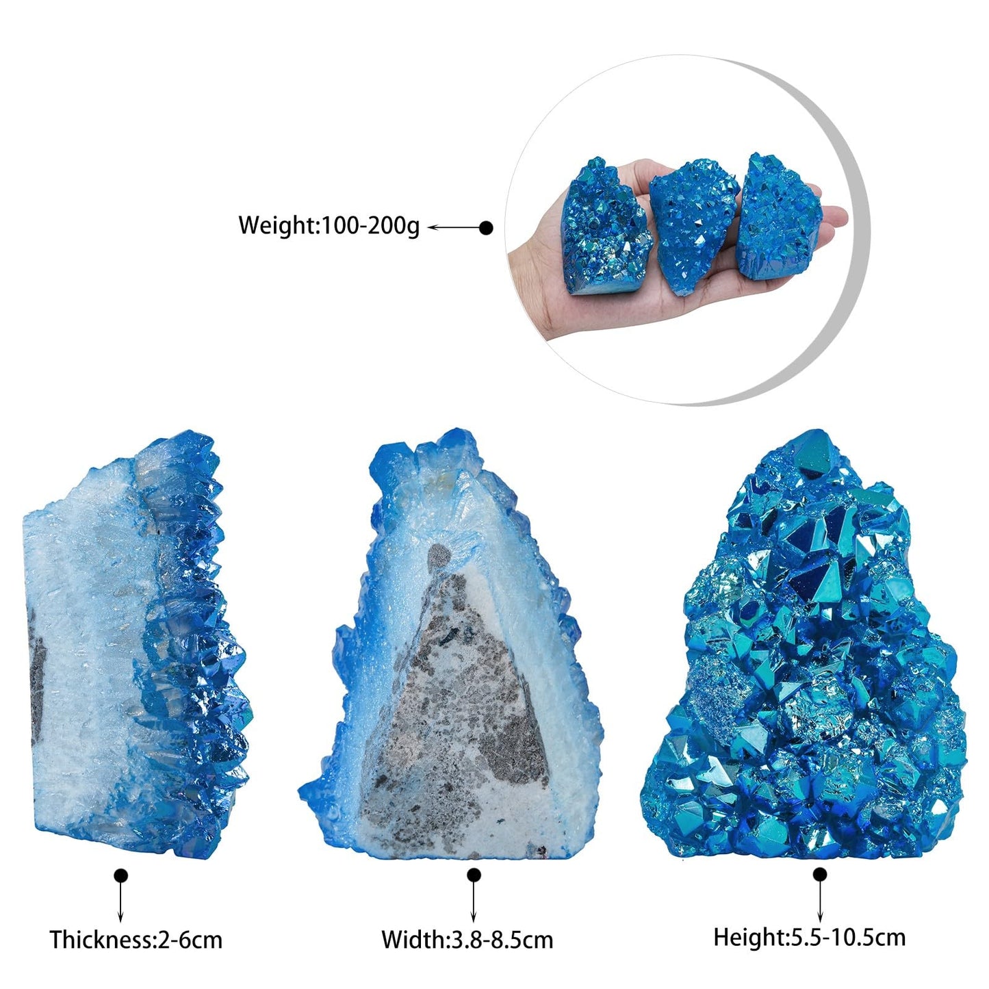 TUMBEELLUWA Natural Crystal Cluster Geode Stone Specimen for Home Decor, Titanium Coated Blue AB Crystal Cluster for Reiki Healing