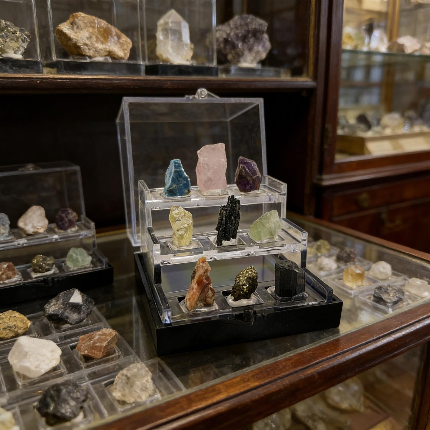 Rare Natural Naturally Mineral Specimen Collection Gift Box-9 Pieces Exquisite Minerals-Square Acrylic Tiered Display Case - Ideal Gifts for Mineral Enthusiasts,Geography Enthusiast-(Small)