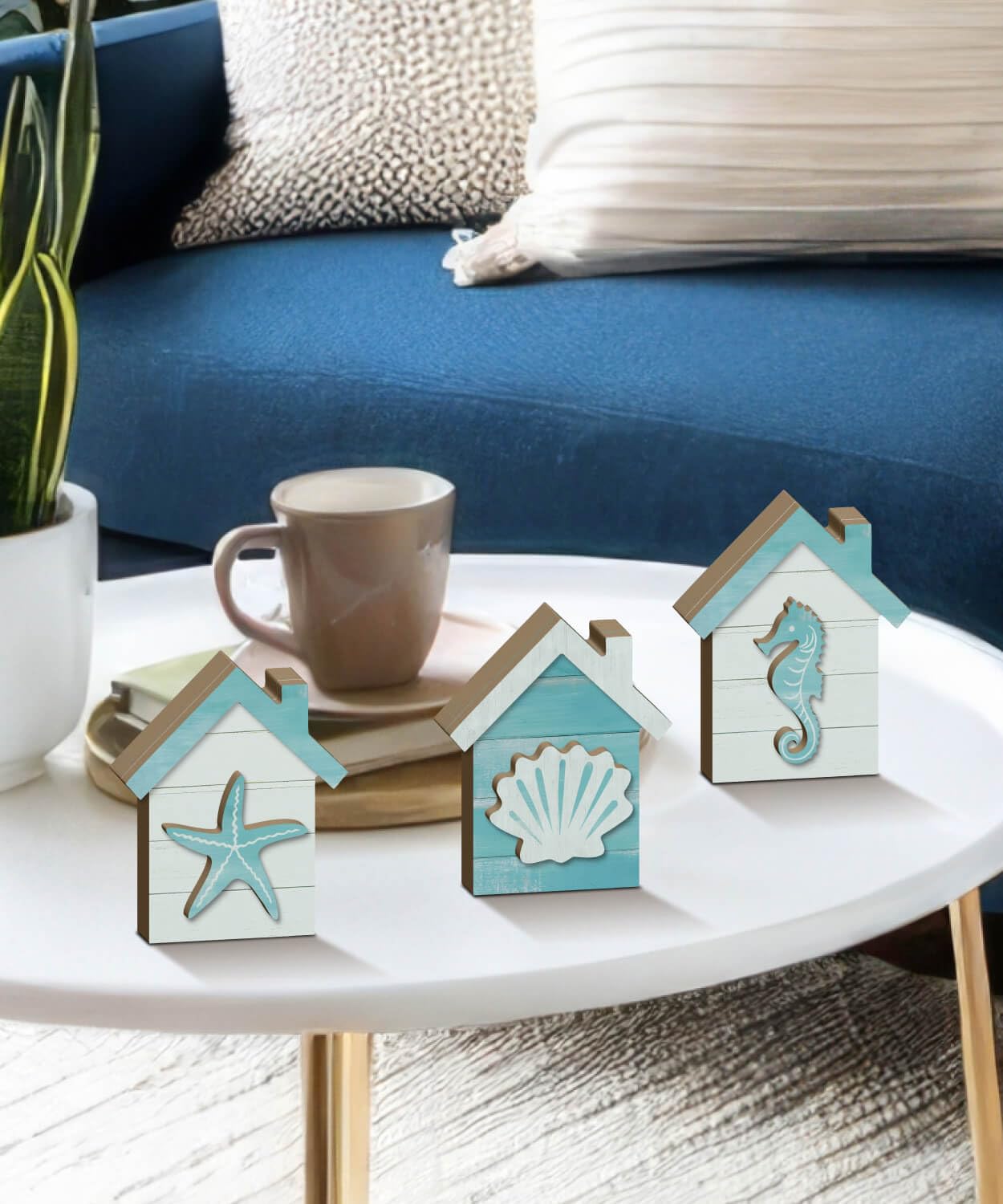 Putuo Decor Coastal Tabletop Decor Set of 3, Beach House Nautical Figurines with Seahorse Shell Starfish, Ocean Farmhouse Shelf Sitter for Bathroom, Living Room, Mantel, Tiered Tray